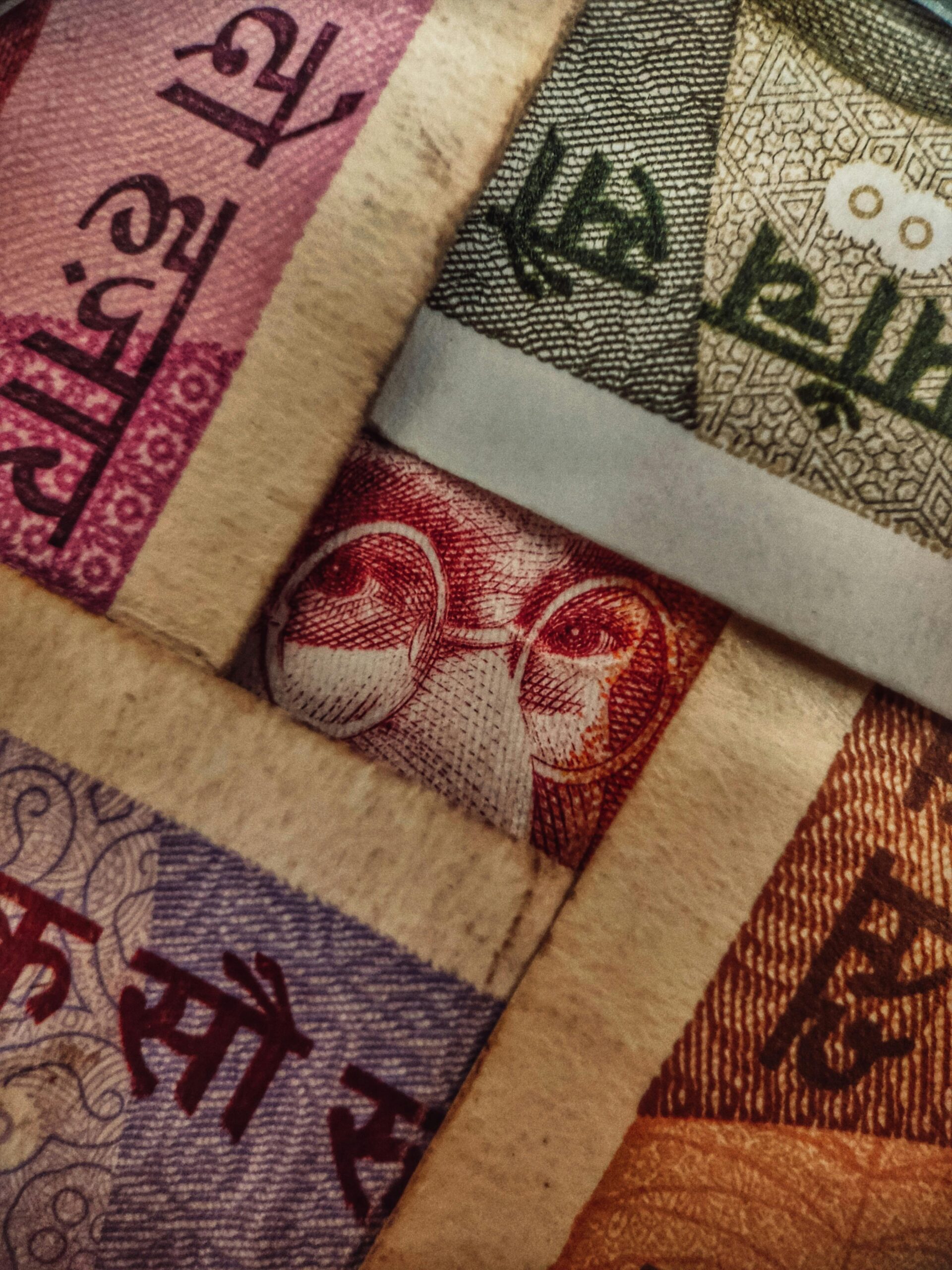 Detailed close-up of various Indian currency notes displaying intricate designs and vibrant colors.